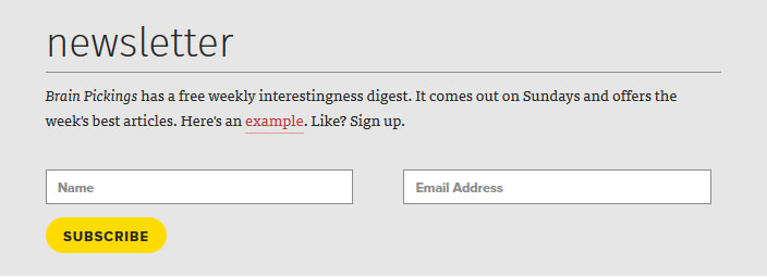 Brain Pickings screenshot of newsletter sign up