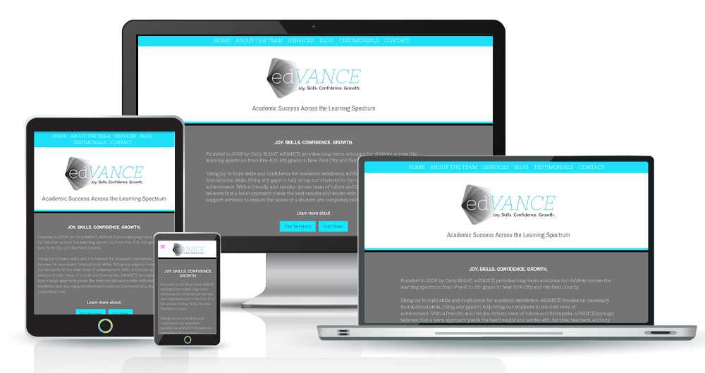 Image of multiple devices to show responsive design for edvance nyc tutoring services website