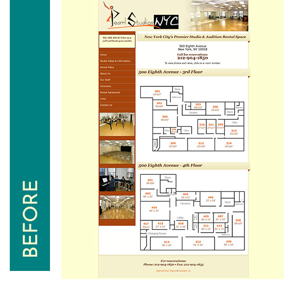 Before image of website for Pearl Studios in NYC